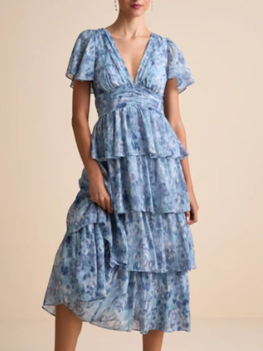 Nalia Blue Abstract Print Tiered Tie-Back Midi Dress Lulus